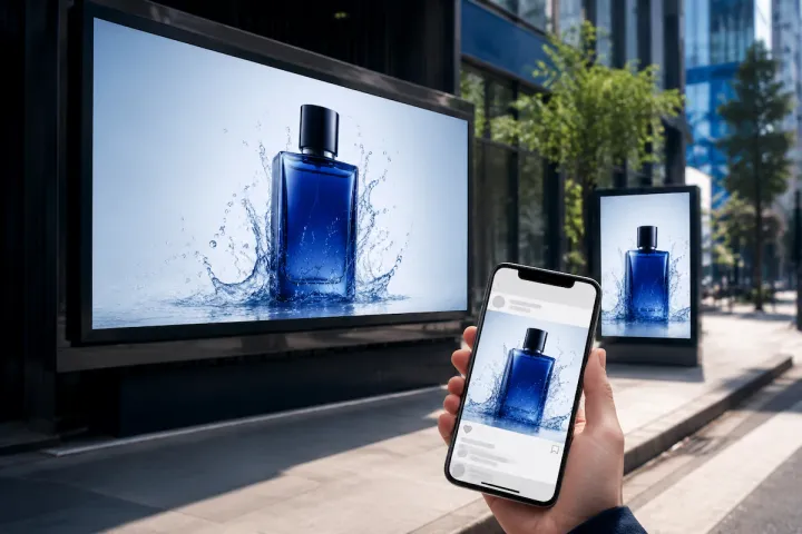 Campanha de produto exibida em mídia externa, tablet e celular