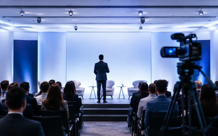 Palestra empresarial registrada por câmera de vídeo