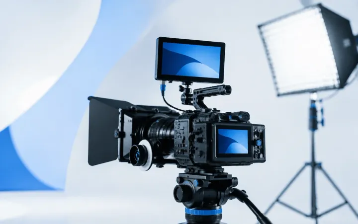 Câmera profissional em estúdio de produção audiovisual