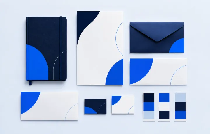 Conjunto de papelaria corporativa em azul e branco