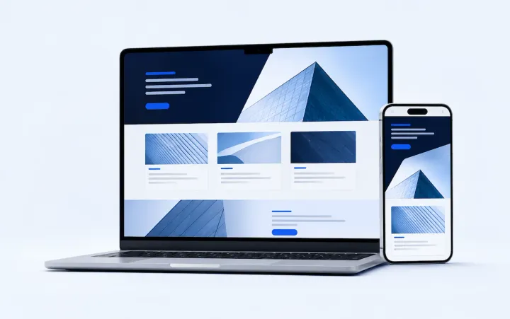 Site responsivo exibido em notebook e celular